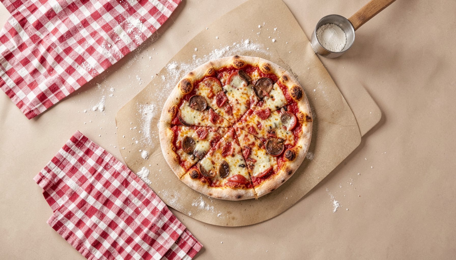 Overhead flat-lay of a pizza peel with a rustic pizza, scattered flour, and a red-and-white checkered cloth, warm earthy tones.